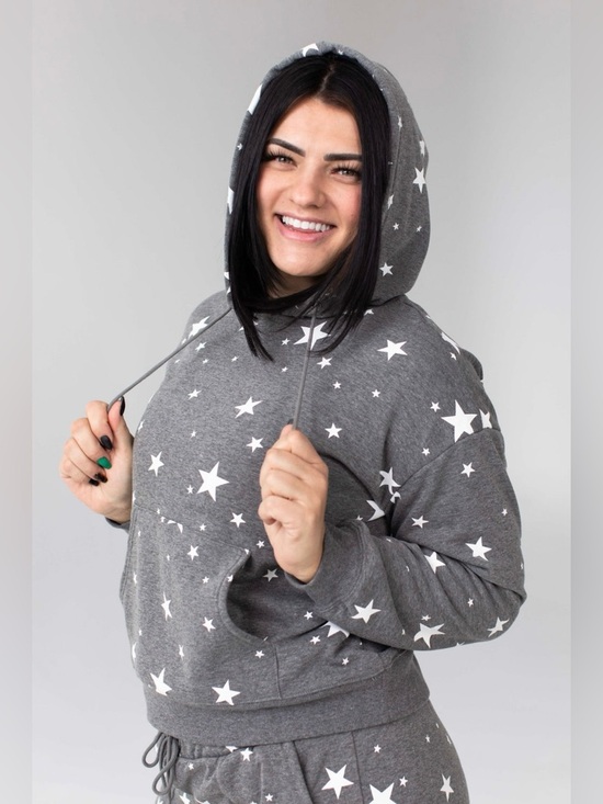 Savvi Tops - Savvi Shine Hoodie Star Print Gray Pullover | Plush Lined | Size L | EUC